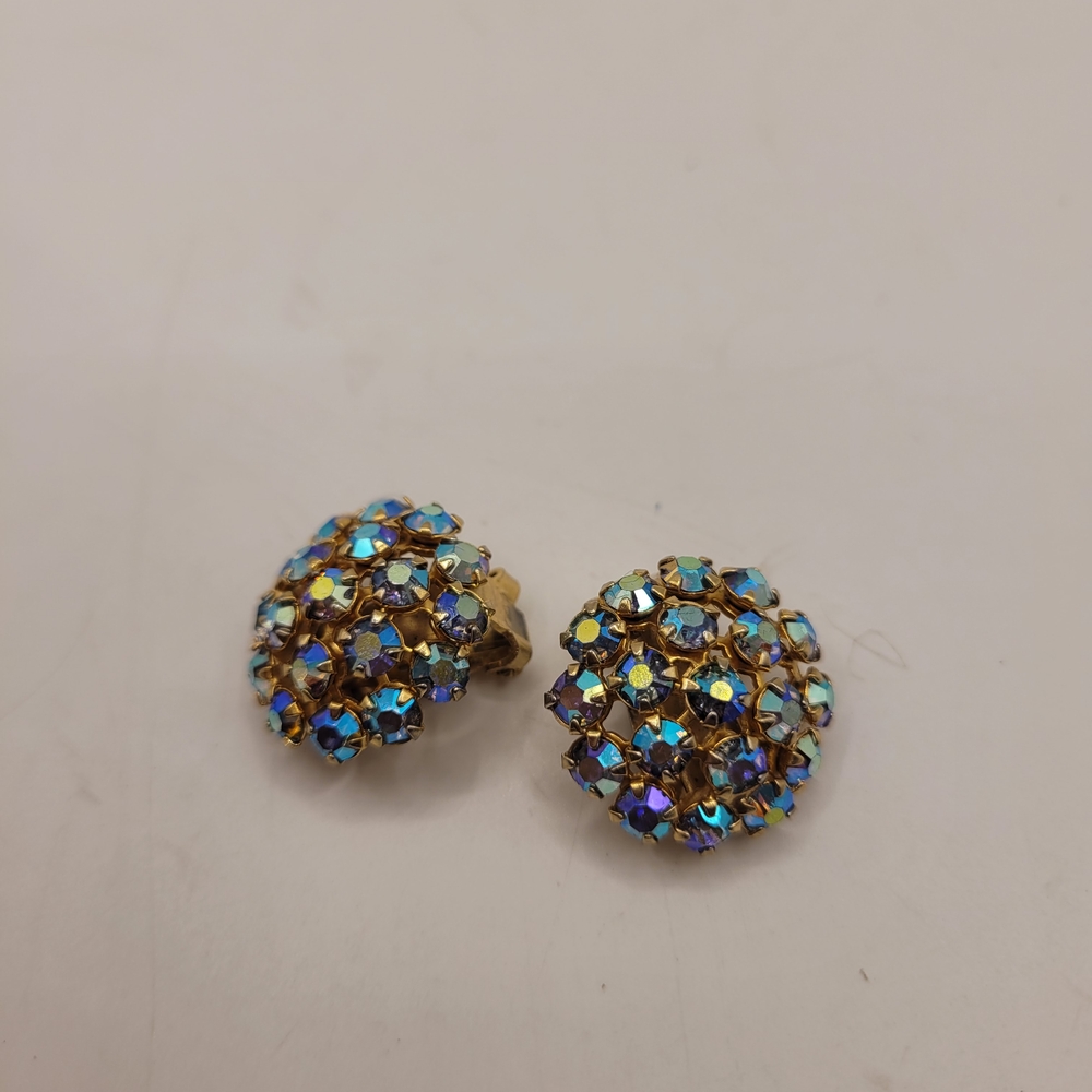 Vintage Blue Aurora Borealis Rhinestone Dome Earrings